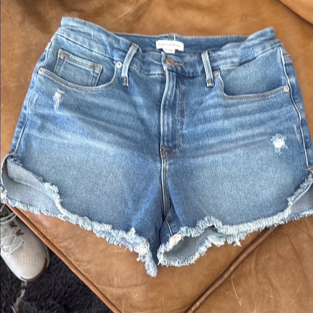 Good American Light Blue Frayed Jean Shorts